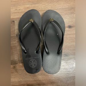 Used TORY BURCH Logo Wedge Platform Flip-Flops Black - Size 5